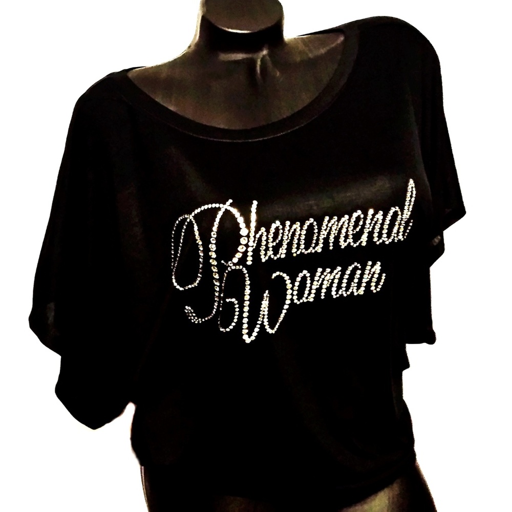 Phenomenal Woman Black Slouchy Draped Tee~Crystals